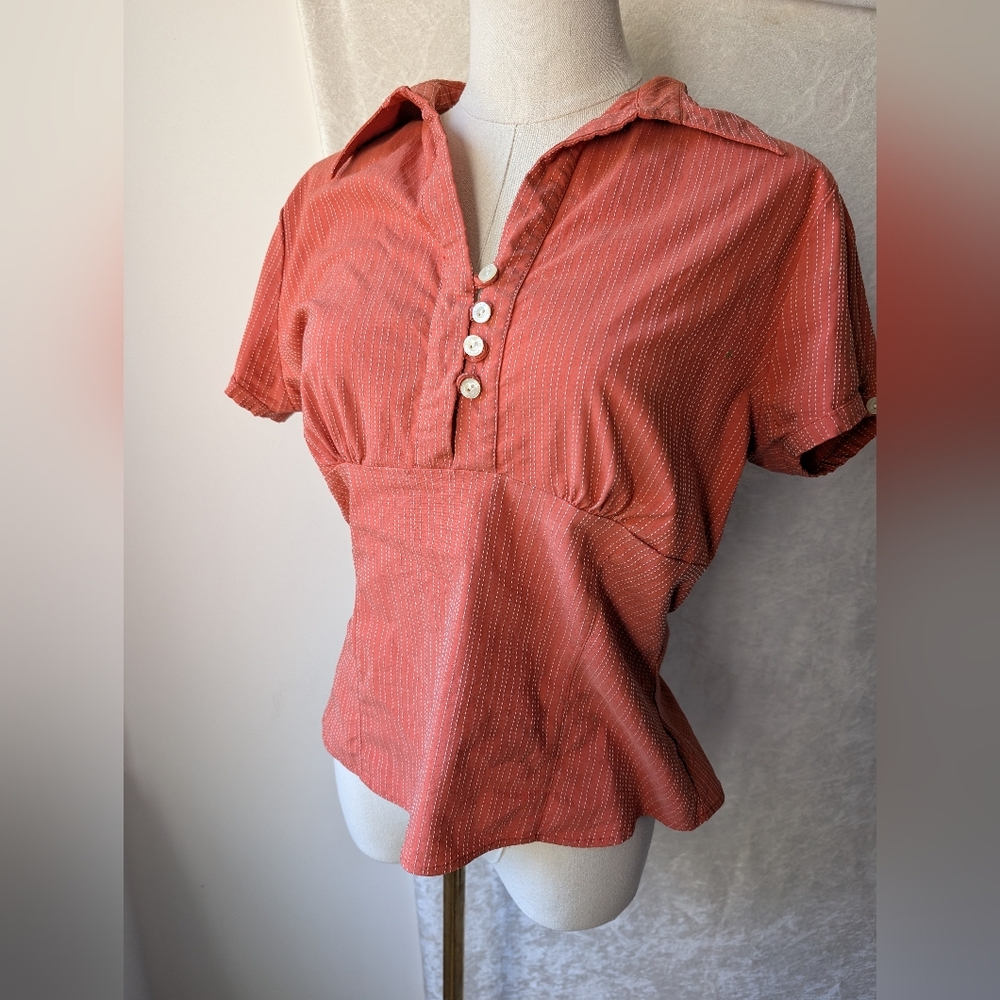 Isis 12 Vibrant Peach V-neck Collared Puff Sleeve Rayon Top Button Neck